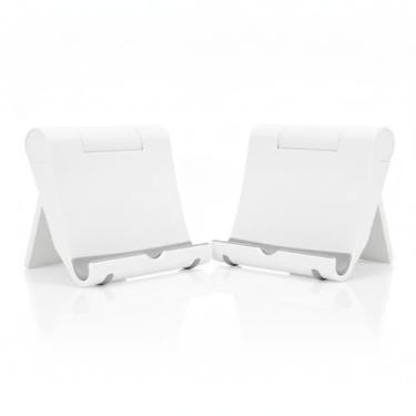 Imagem de Pacote com 2 suportes ajustáveis e dobráveis para mesa, compatível com a maioria dos smartphones e tablets, base de borracha antiderrapante para estabilidade, branco