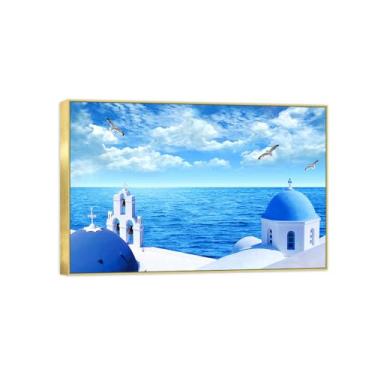 Imagem de BMZFYBS Quadro dourado arte de parede paisagem impressões em tela - edifícios marinhos pássaros pintura decoração - imagens para quarto 50 x 75 cm 20 x 30 pol