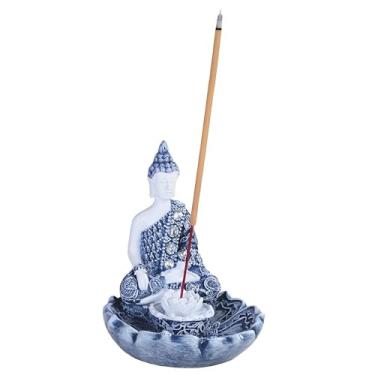 Imagem de ICE ARMOR Estátua tocante da Terra de Buda Gautama de 10,8 cm H com queimador de incenso, suporte de incenso, em acabamento azul e branco, escultura, ornamento, decoração de casa/quarto