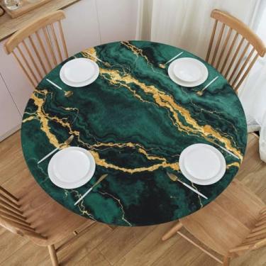 Imagem de BOXIMIAO Toalha de mesa redonda de mármore verde esmeralda com borda elástica, impermeável, reutilizável, toalha de mesa para férias, cozinha, festa, pátio, P (101,6 a 111,7 cm)