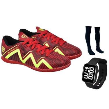 Imagem de Chuteira Futsal 1000 Quadra Costurada Adulto Novo + Meião + Relógio Di