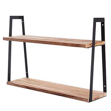 Imagem de Prateleiras de parede flutuantes rústicas modernas de 2 camadas, prateleira de madeira montada na parede, prateleira de exibição de metal, suporte para plantas, suporte de especiarias de cozinha