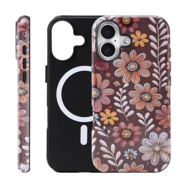 Imagem de Fourmor Capa para iPhone 16 - Carregamento sem fio para MagSafe, capa externa rígida de policarbonato + capa protetora interna de TPU macio de 2 camadas, estampa de flores frescas, compatível com