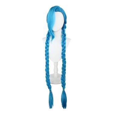 Imagem de LeMarnia Peruca longa com franja azul trançada para cosplay perucas Jinx fantasia de Halloween perucas festa perucas