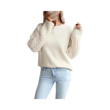 Imagem de Suéter Feminino De Tricô De Manga Longa Com Gola Redonda, Elegante, Co
