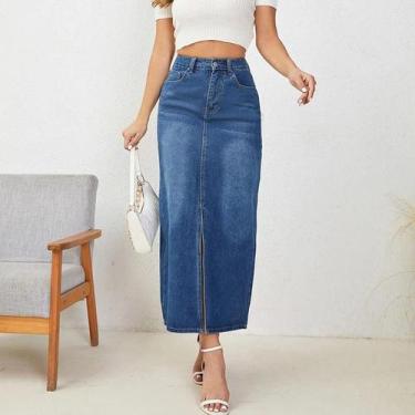Imagem de Saia Jeans Feminina De Cintura Alta Gótica Vintage Azul Casual Punk Re