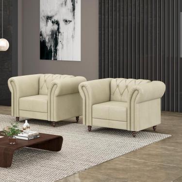 Imagem de 2 Poltronas Decorativas Stanford Chesterfield Pés De Madeira Couro Off White G58 Gran Belo