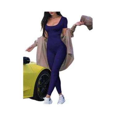 Imagem de Macacão Feminino Justo De Manga Curta Liso Para Esportes, Fitness E Mo