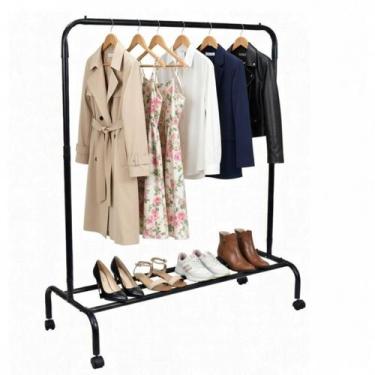 Imagem de Arara Cabideiro Com Sapateira e Rodinhas 90cm Para Loja closet - PRETA