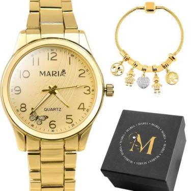 Imagem de Relogio Banhado Inoxidável Aço Feminino + Pulseira + Caixa presente so