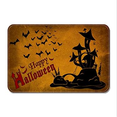Imagem de Capacho de Halloween Fear, capacho de Halloween que não escorregam para abóboras, morcego, lua, caveiras - decorações de Halloween, tapetes laváveis para área de inverno para ambientes externos internos ou travessuras - amarelo G: 40 cm L: 60 cm