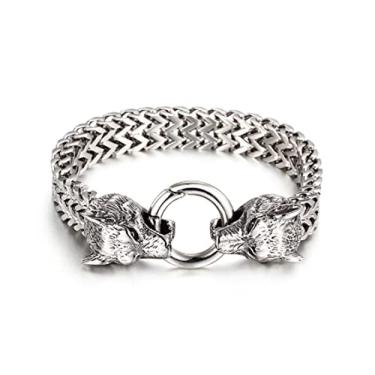Imagem de Pulseira Masculina Bracelete Nórdico Cabeça De Lobo Em Aço Maciço Inoxidável 316L
