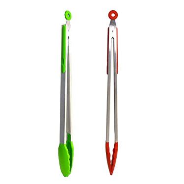 Imagem de UPTALY Pinças de grelha extra longas de 45 cm (1 peça verde esmeralda, 1 peça vermelha), pinças de churrasco de aço inoxidável com cabo longo, pegador de comida de tamanho grande, pegador de carne engrossado, pegador de servir estendido