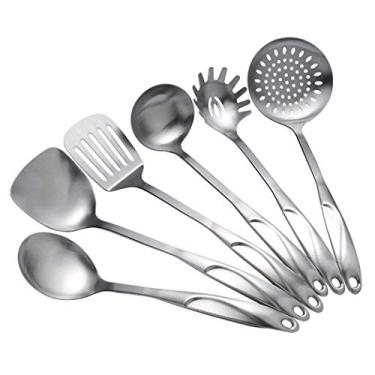 Imagem de Conjunto de utensílios de cozinha – Utensílios de cozinha de aço inoxidável de 6 peças, incluindo escumadeira, espátula, colher grande, concha de sopa, espátula