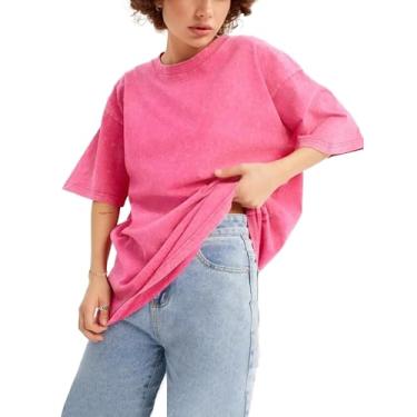 Imagem de Remidoo Camiseta feminina extragrande gola redonda lisa manga curta camisetas de algodão folgadas, Vermelho rosa, GG