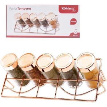 Imagem de Porta condimento de vidro kit com 5 pecas 90ml + suporte aramado metal