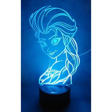 Imagem de Luminária de ilusão de LED 3D Princess Elsa, luminária de mesa de cabeceira, 7 luzes que mudam de cor com acrílico plano e base ABS e carregador USB como decoração de casa e um melhor presente