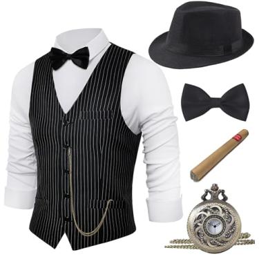 Imagem de BABEYOND Conjunto de acessórios de fantasia masculino Gatsby Gangster da década de 1920, chapéu Fedora, Z - Listra preta, P