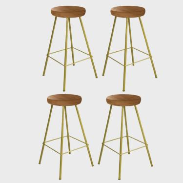 Imagem de Kit 04 Banqueta Alta Lanzzi Eiffel Rústico Cozinha Bar Balcão Bistrô Ferro Dourado Madeira Maciça Peroba - Ahz Móveis