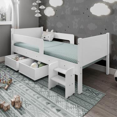 Imagem de Cama Solteiro com 2 Baus Organizador e Escada Mdf Luna Plus Branco