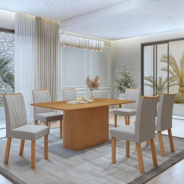 Imagem de Conjunto Sala de Jantar Luar 170Cm Tampo No Glass com 6 Cadeiras Apogeu Amêndoa Clean/Linho Mosaico Cinza