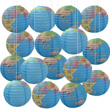 Imagem de JIEFULL 16 Peças De Lanternas Papel Globo 12" Para Pendurar No Teto, Grande Lanterna Terrestre Com Decoração Mapa-Múndi