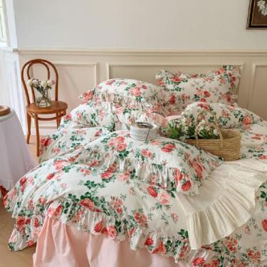 Imagem de Conjunto de edredom King floral rosa vintage com folhas de flores botânicas e 2 fronhas, romântico, com babados, boêmio, para todas as estações