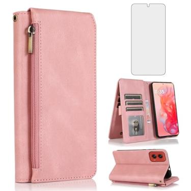 Imagem de Asuwish Compatível com Motorola Moto G Stylus 5G 2024 capa carteira protetora de tela de vidro temperado e zíper retrô capa flip de couro suporte suporte acessórios para celular para mulheres G5 ouro