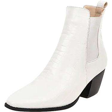 Imagem de Botas femininas de cano baixo, bico fino, sem cadarço, salto médio, botas de cano baixo, bico fechado, botas de couro, Branco, 8.5