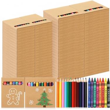 Imagem de Weekgrat 100 conjuntos de suprimentos para colorir, lápis de cor em caixa de papel kraft, mini lápis de cera pequenos, portátil, suprimentos de cor gorda para presentes