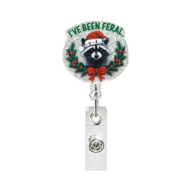 Imagem de Carretel de crachá de Natal bonito guaxinim molinete de crachá com clipe retrátil giratório glitter de inverno porta-crachá guaxinim cartão de identificação clipe de jacaré para médico, professor