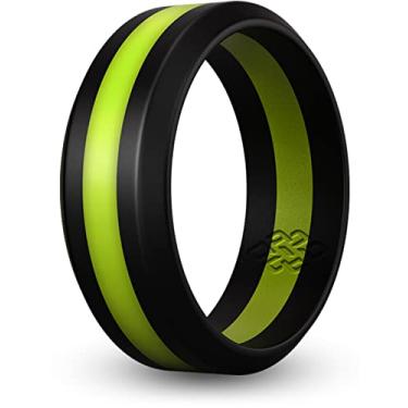 Imagem de Anel de casamento de silicone Teoria de nó para homens e mulheres: Anéis de borracha não volumosos superiores - Qualidade premium, estilo, conforto - Pulseiras ideais para academia, trabalho, caça, esportes e viagens, Black / Neon Lemon Line, Size 12 (8mm WIDER Bandwidth)