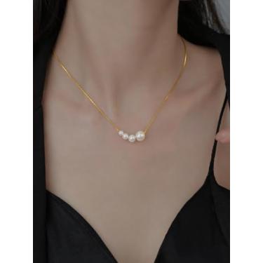 Imagem de Colar curto de pérolas graduadas simples para mulheres, corrente delicada de pérolas falsas, colar de corrente de cobra banhada a ouro, joia doce para uso diário