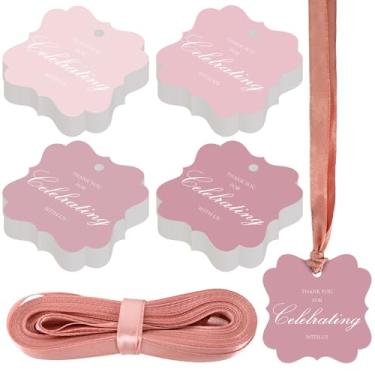 Imagem de 100 etiquetas de presente rosa de agradecimento com cordão, 2 x 2 etiquetas de presente de papel recortado para pendurar para casamento, chá de bebê, aniversário, lembrancinhas de festa