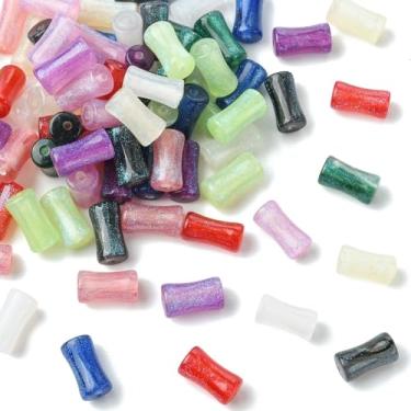 Imagem de Stiesy 80 peças de contas de resina em forma de bambu, 10 cores de contas de artesanato DIY com glitter em pó para fazer joias, pulseira brilhante faça você mesmo colar kit de artesanato suprimentos