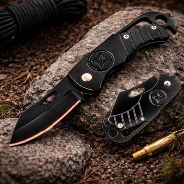 Imagem de Canivete Dobrável Inox Preta 69 g – Compacta, Leve e Multifuncional – Lâmina Cleaver Corta Corda, Trava Liner, Gancho para Cordão, Uso Militar, Trilha e Urbano com Design Ergonômico Antiderrapante