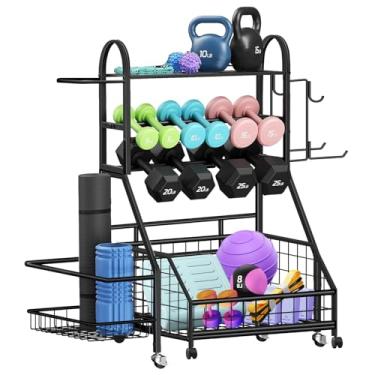 Imagem de FULOOPHI Suporte para halteres, suporte de peso de 181 kg para halteres kettlebells, armazenamento de academia em casa ajustável para tapete de ioga e espuma de bola, armazenamento de equipamentos de