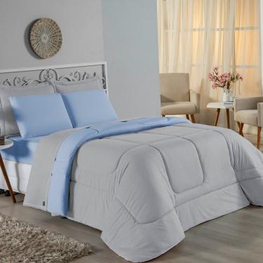 Imagem de Edredom Queen Nobre 1 Peça Dupla Face 2,20m X 2,40m Malha 100% Algodão - Cinza / Azul-bebê