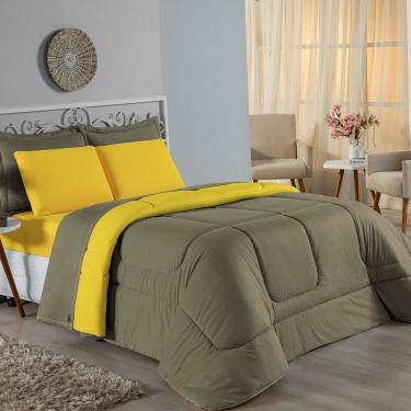 Imagem de Kit Edredom Dupla Face + Jogo De Lençol Casal Nobre 7 Peças Malha 100% Algodão - Avelã / Amarelo