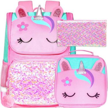 Imagem de Mochila KLFVB, 3 peças, lantejoulas, unicórnio para meninas, com lanch