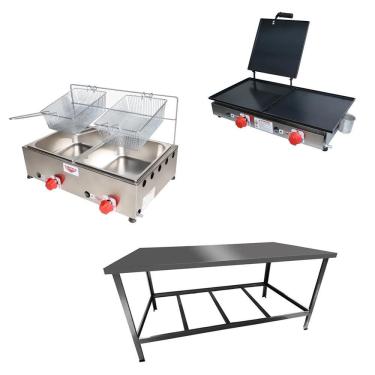 Imagem de Kit Lanchonete Mesa de Manipulação 120x55cm + Fritadeira a Gás 2 Cuba + Chapa a Gás 60cm Alcamar