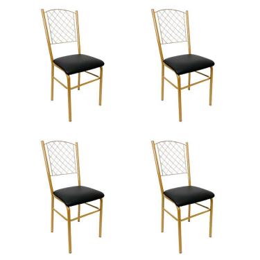 Imagem de Cadeira para Cozinha com reforço cor Dourado Fosco assento preto encosto de grade 4 Unidades