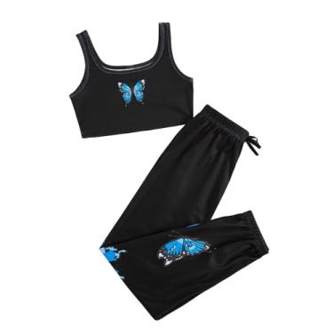 Imagem de SOLY HUX Conjunto de 2 peças para meninas com letras e blusa cropped e calça roupas fofas moda 2023, Borboleta azul A, 12 Anos