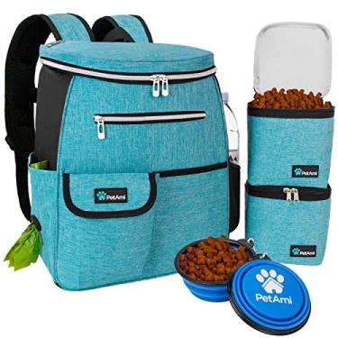 Imagem de Mochila de viagem para cães PetAmi | Organizador de mochila com dispensador de cocô, bolso multifuncional, bolsa de recipiente de alimentos, tigela dobrável | Conjunto de viagem perfeito para cães, gatos (turquesa)