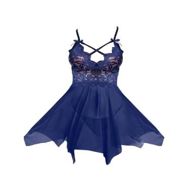 Imagem de Ztexkee Lingerie feminina de renda Babydoll camisola sem mangas, vestido de malha transparente, conjunto de fio dental, Azul escuro, G