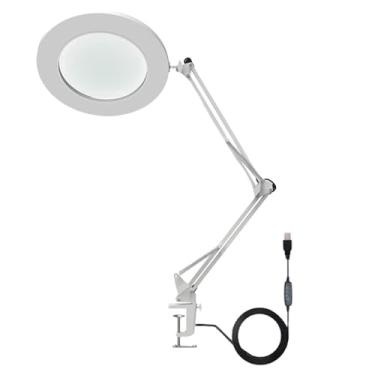 Imagem de Lupa 10X Com Luz, Lâmpada de Ampliação LED Lâmpada de Lupa de Vidro óptico - Lâmpada de Mesa de Braço Ajustável, Clipe, Mãos para Reparo de Artesanato, Trabalho Próximo (Branco)