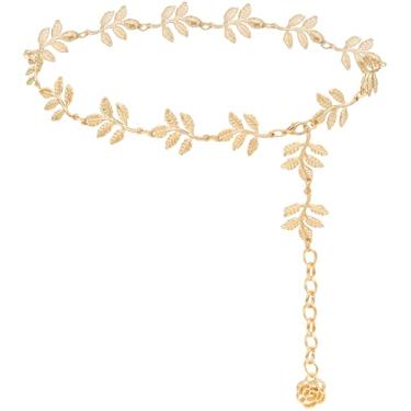 Imagem de LIMHOO Corrente de cintura de metal para mulheres cinto de barriga para colete social jeans, Folha dourada, L: Length 135cm/53.1in