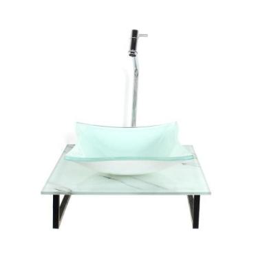 Imagem de Kit Cuba Vidro Quadrada 10Mm Tampo Vidro 40Cm X 40Cm Mármore - Cubas E