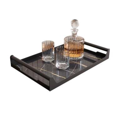 Imagem de Bandeja Decorativa Iris Vidro Marmorizado e Ferro Preto com Alça - Cas