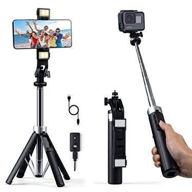 Imagem de Tripé de bastão de selfie com luz LED dupla e controle remoto, tripé de telefone extensível de 49 polegadas para gravação de vídeo/GoPro, compatível com iPhone, Samsung Galaxy e smartphone